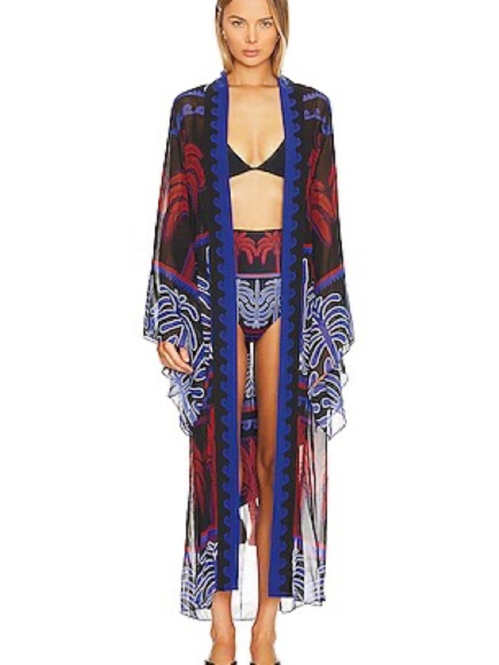 Johanna Ortiz Long Sheer Printed Kimono Coverup in Black, Blue and Red